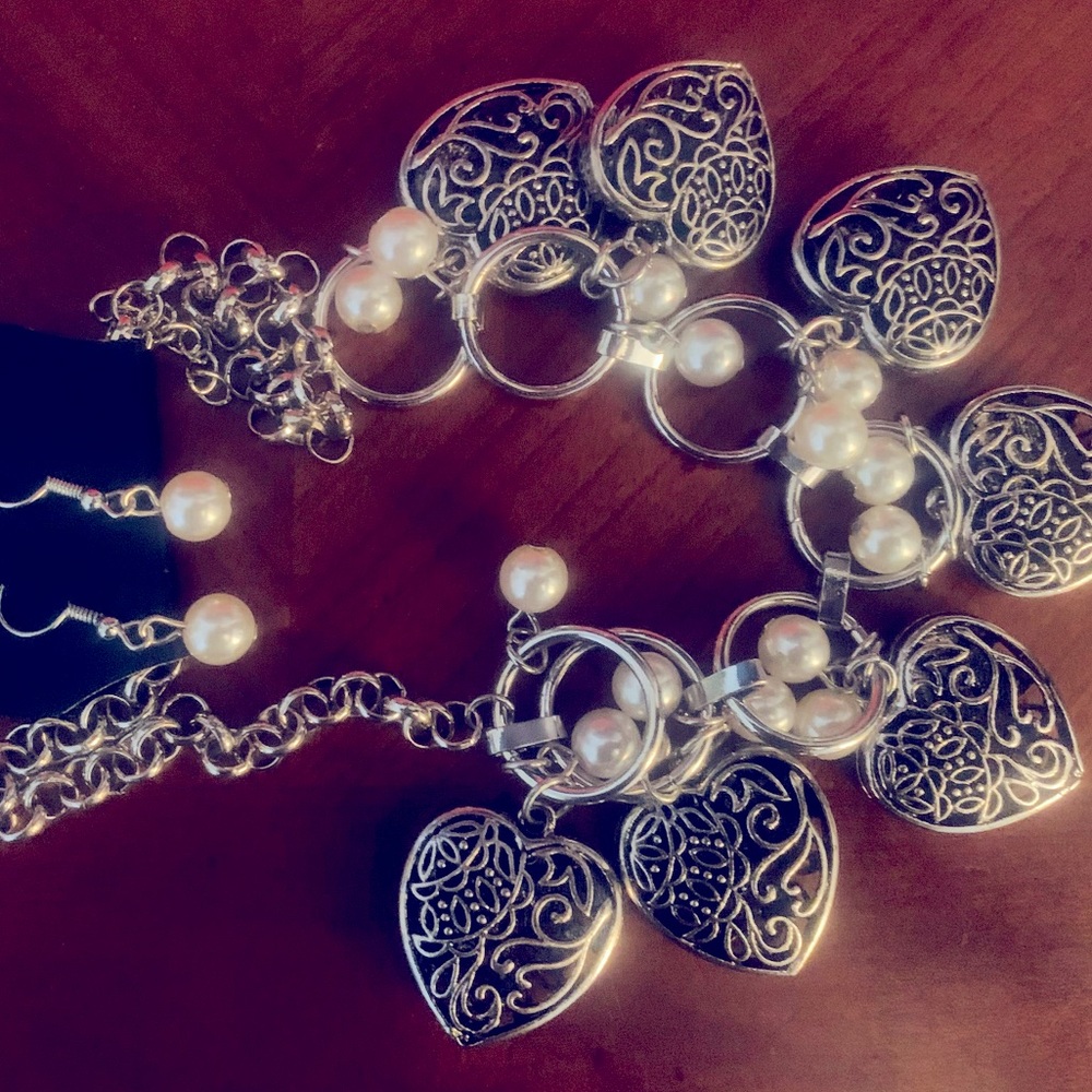 Cute Pearl & Heart Earring & Necklace Set